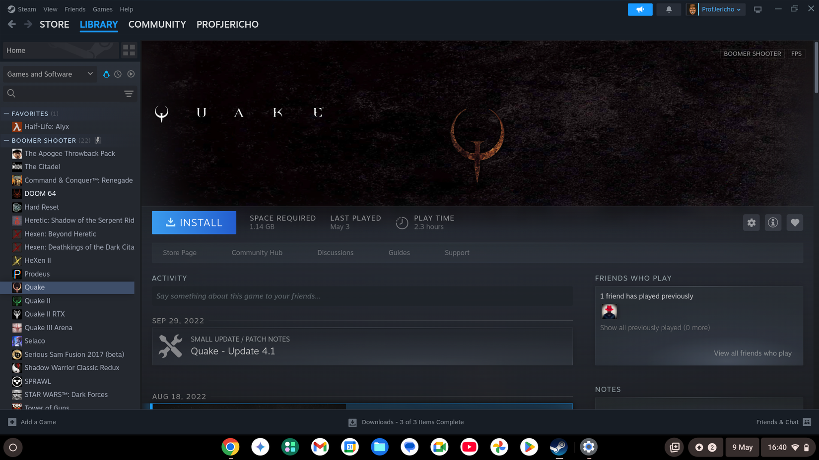 The Steam Library window in Chrome OS.