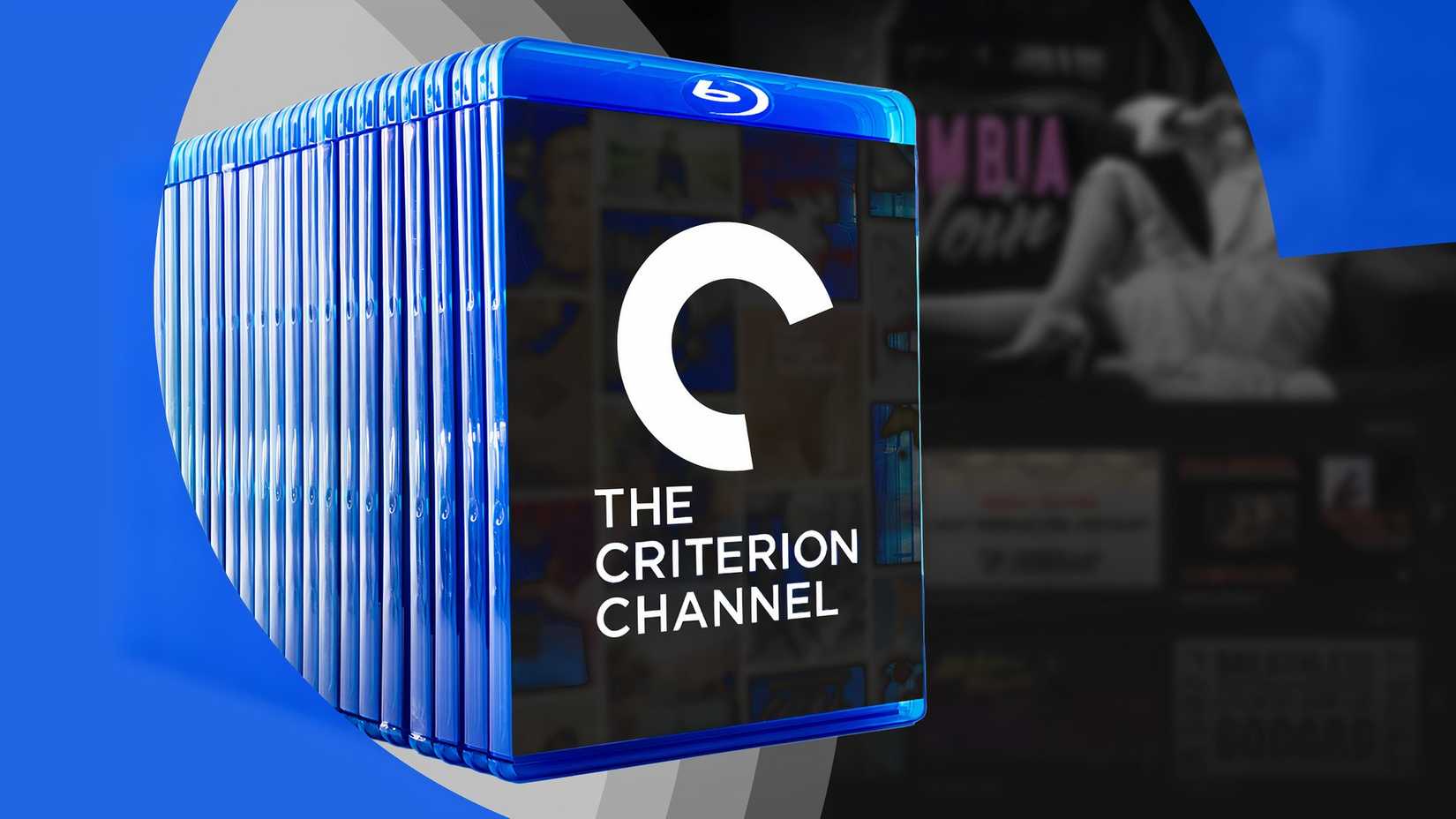 Some Blu-ray boxes, the Criterion Channel logo in front, and a few blurred movies in the background. (1)
