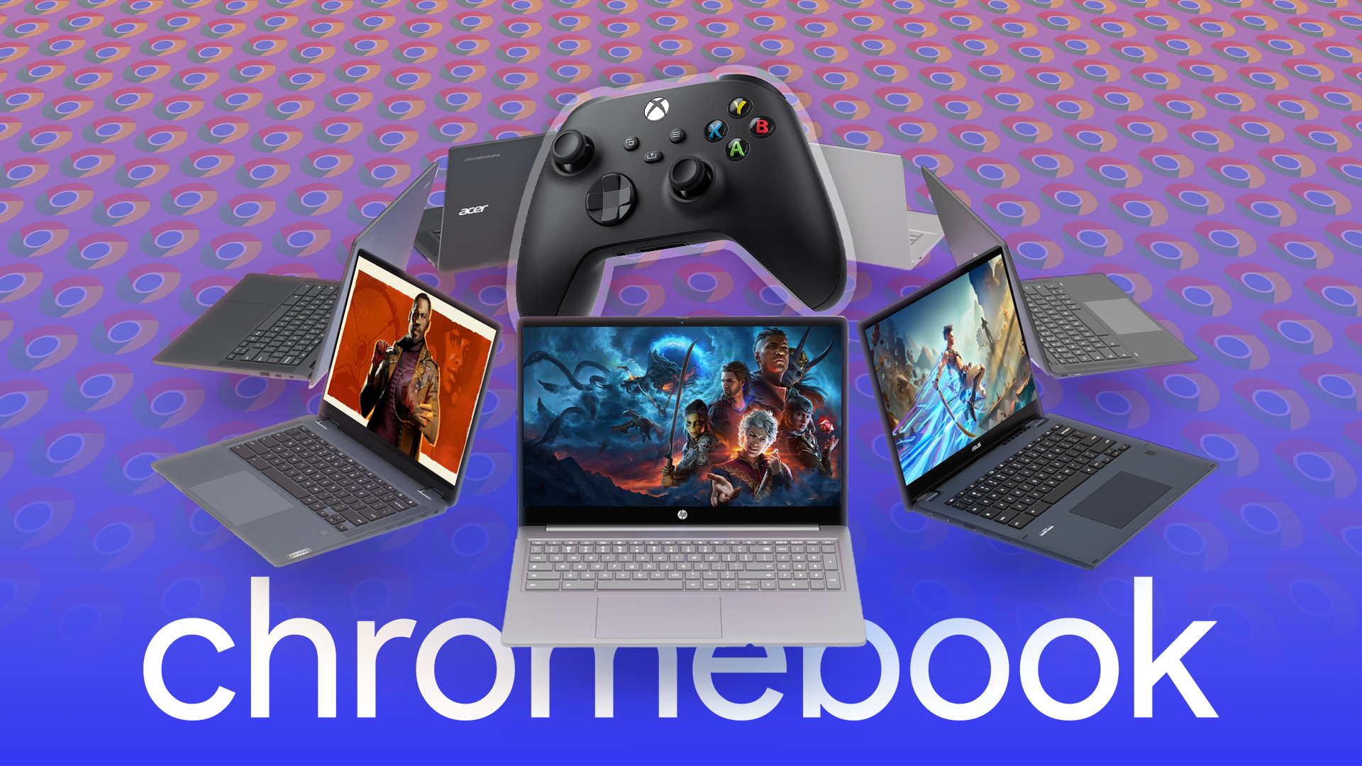 Are Chromebooks Really Good For Gaming Now Some Chromebooks Side By Side Running Games With A Video Game Controller In The Center