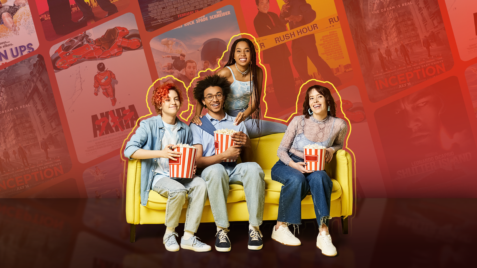 Alguns amigos em um sofá segurando um balde de pipoca, com várias capas de filmes em segundo plano.