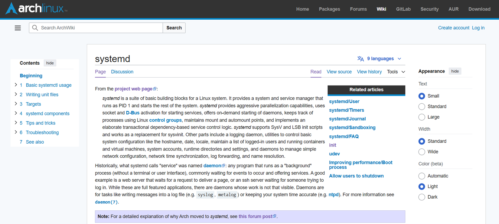 Arch Wiki systemd article.