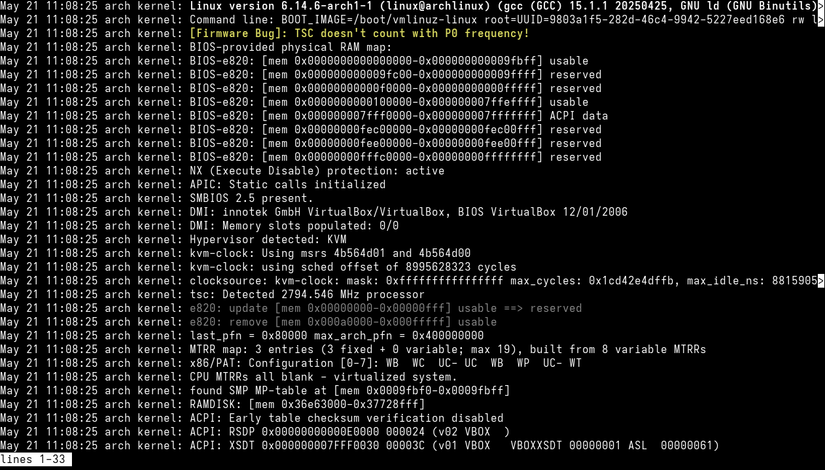 Output of systemd's journalctl utility in the Linux terminal.