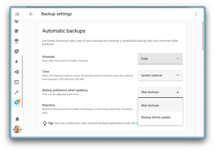 Home Assistantのメニュー画面でバックアップオプションが選択されている様子