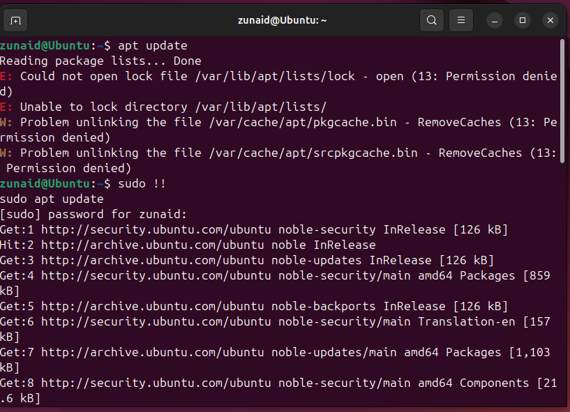 Как использовать двойной восклицательный знак (!!) с sudo, чтобы повторить команду с повышенными правами.