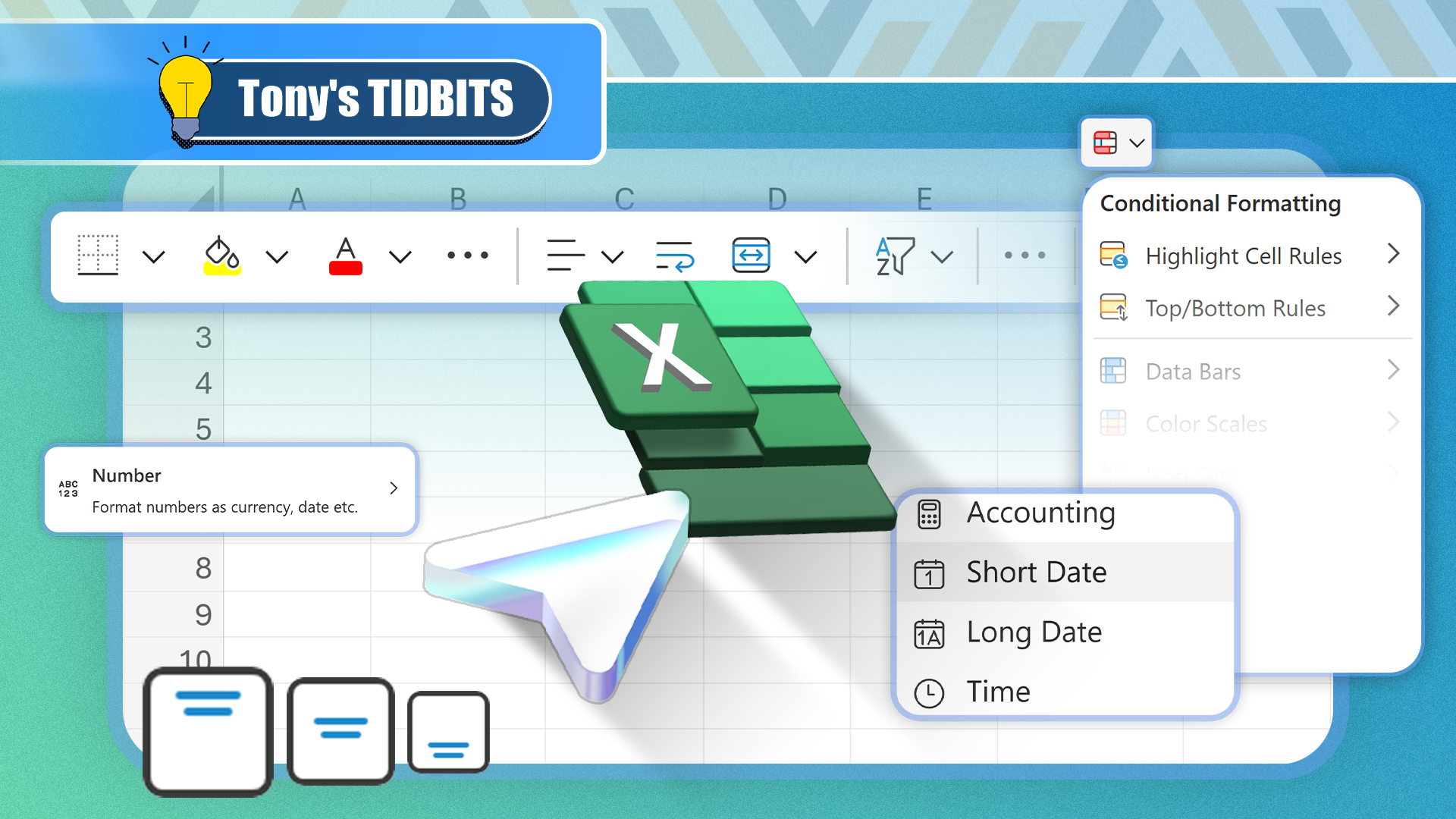 Various Excel formatting tools with logo in the center.