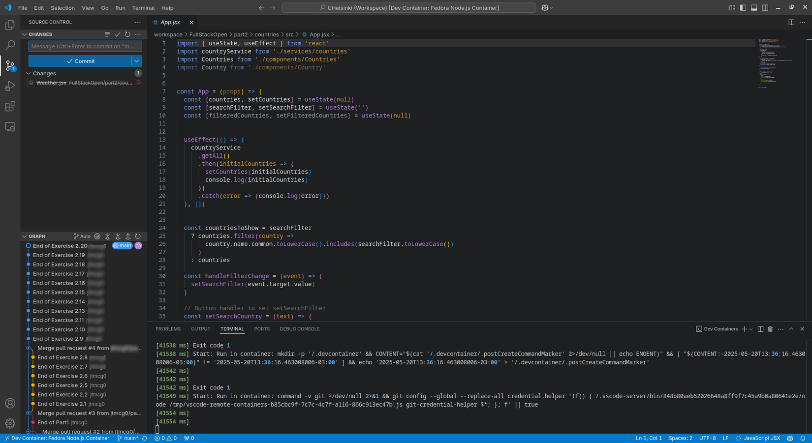 Visual Studio Code showing git commit tree