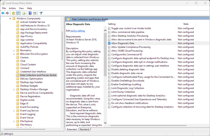 Windows 11 Group Policy Editor showing the allow diagnostic data setting which collects and sends data to Microsoft.