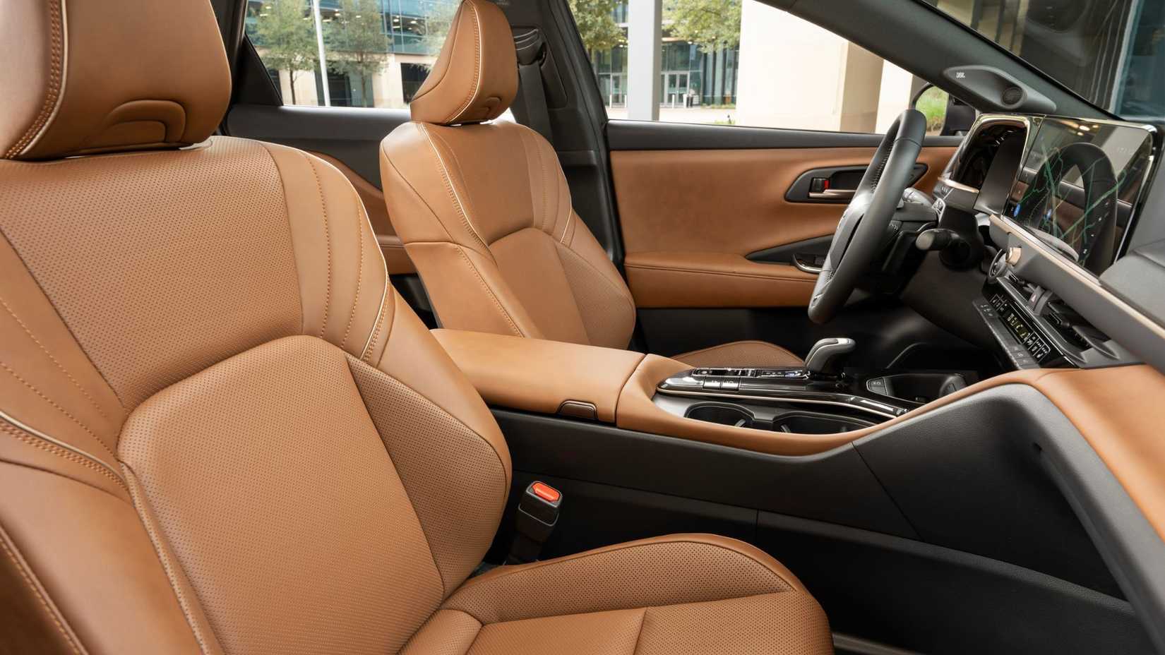 Close-up shot of the tan leather seats in the front of the 2025 Toyota Crown Signia Limited.