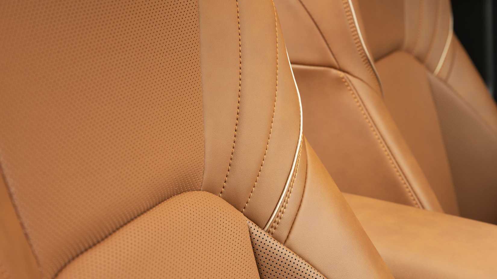 Close-up shot of the tan leather seats in the 2025 Toyota Crown Signia Limited.