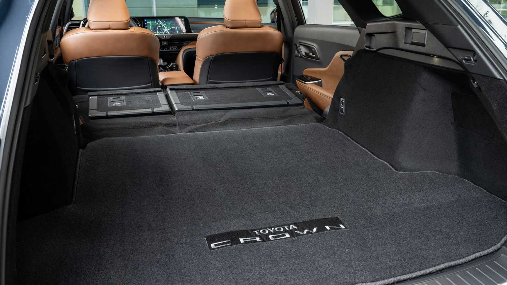 Close-up of the trunk with the rear seats folded down on a 2025 Toyota Crown Signia Limited.