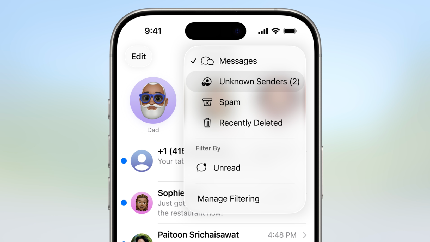 Screening of a drop -down menu in the Apple Messages application which includes the folder of unknown sender.