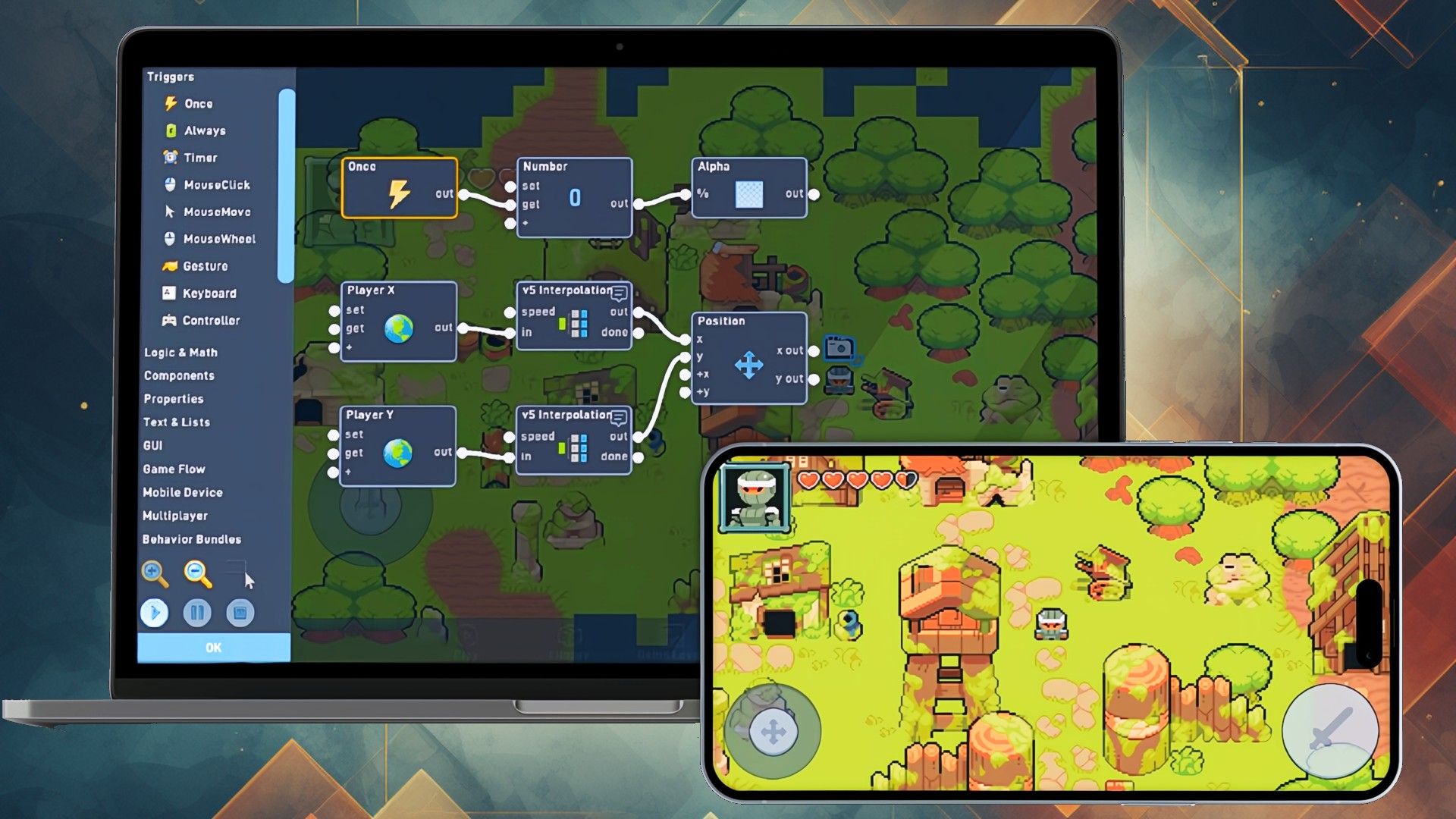 A game being worked on with forests and a person walking around on a computer and phone in Flowlab.