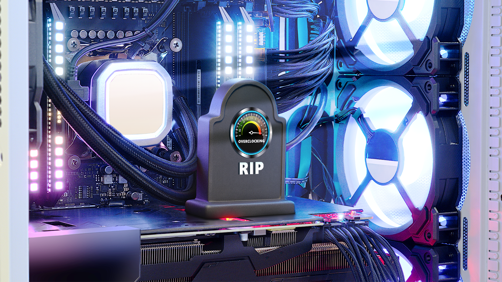 Um PC para jogos com luzes brilhantes, apresentando uma pequena lápide colocada na GPU que diz 'RIP' com um medidor de overclock.
