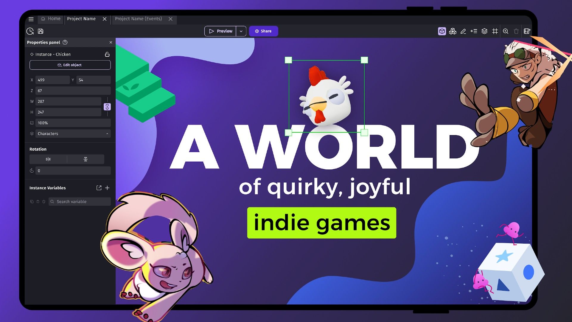 A GDevelop logo on a screen in the middle of a person reaching out for an animal which is next to a cube.