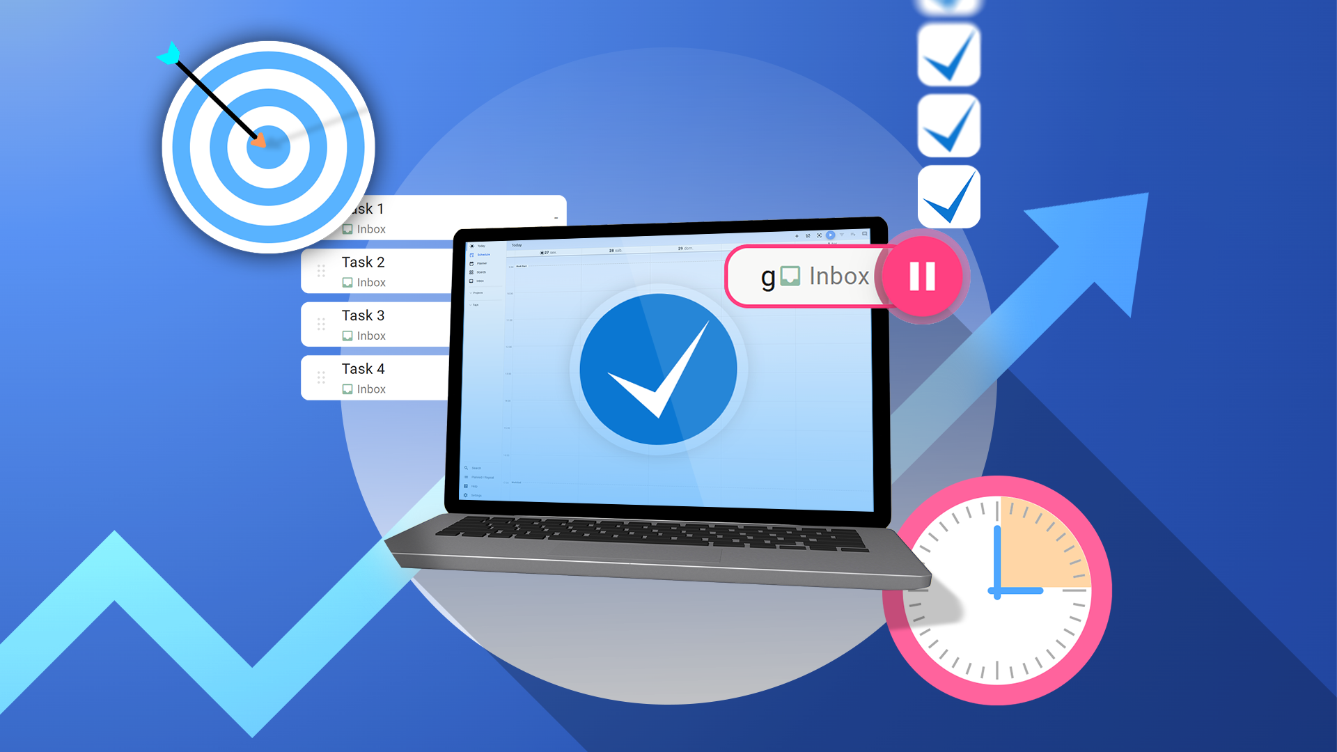 A laptop displaying the Super Productivity logo on the screen, surrounded by to-do lists, a goal with an arrow, an ascending arrow chart, a clock, and a checklist, all on a blue background.