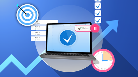 A laptop displaying the Super Productivity logo on the screen, surrounded by task lists, a target with an arrow, a rising arrow chart, a clock, and a checklist, all set against a blue background.