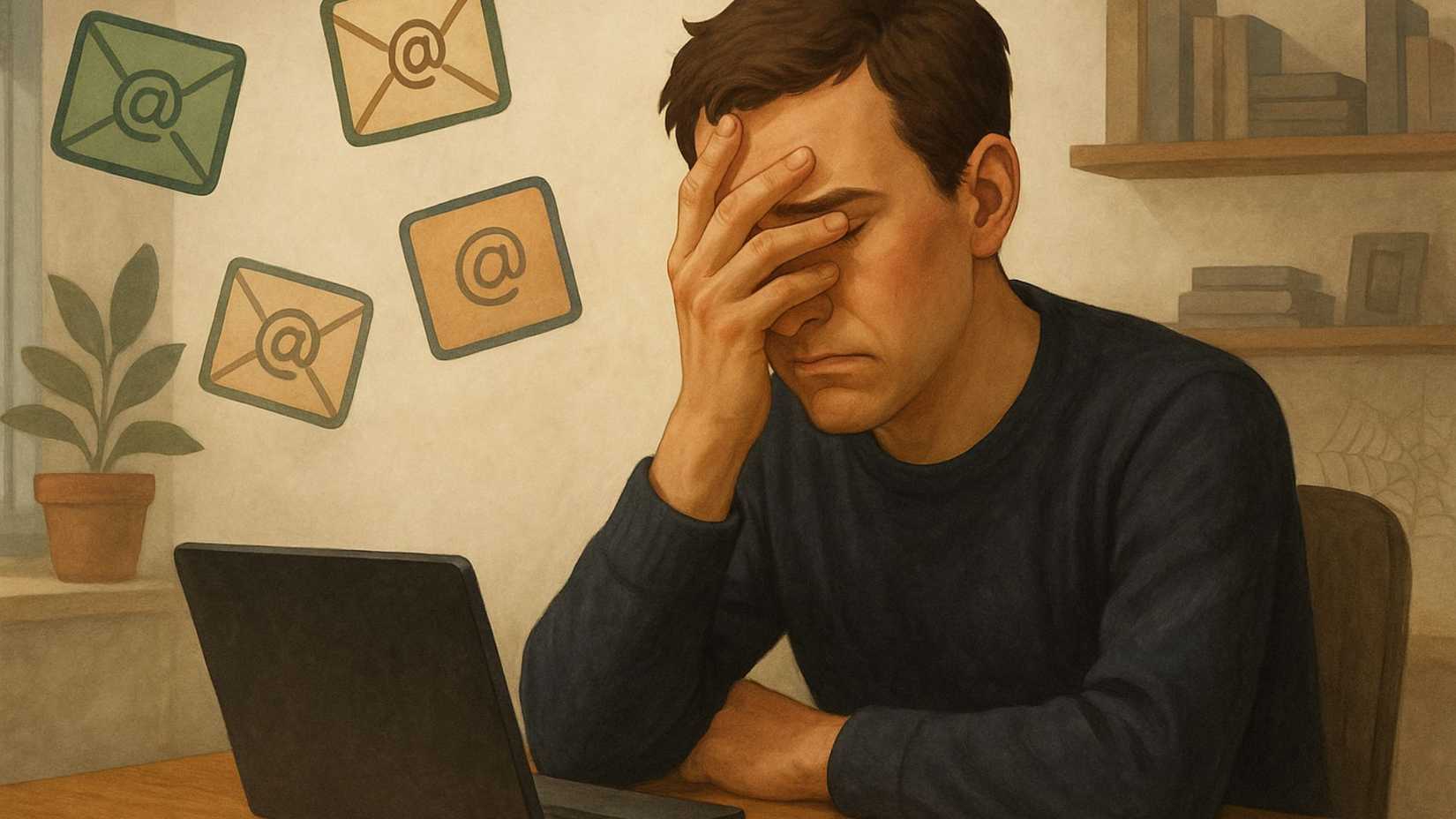 Um homem faz cara feia enquanto ícones de e-mail flutuam ao seu redor.