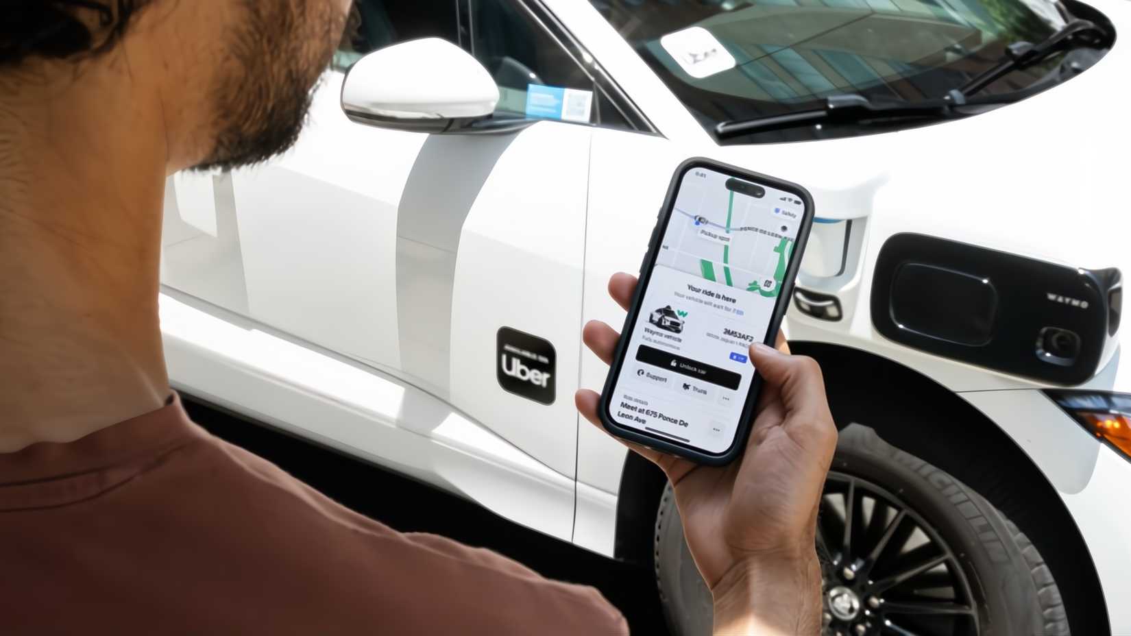 Мужчина смотрит в приложение Uber рядом с автомобилем с логотипом Uber.