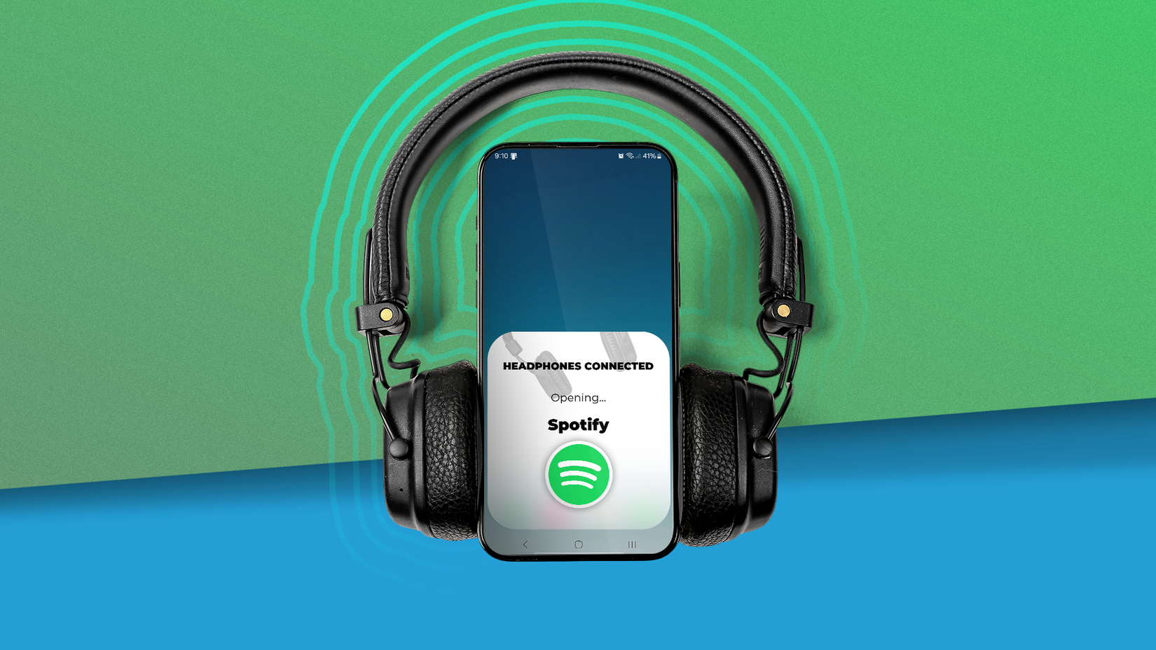 A smartphone with headphones and an app being opened.