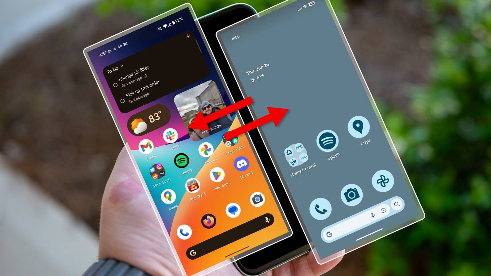 Illustration of an Android user switching between two custom Android User Profiles on a Pixel phone.