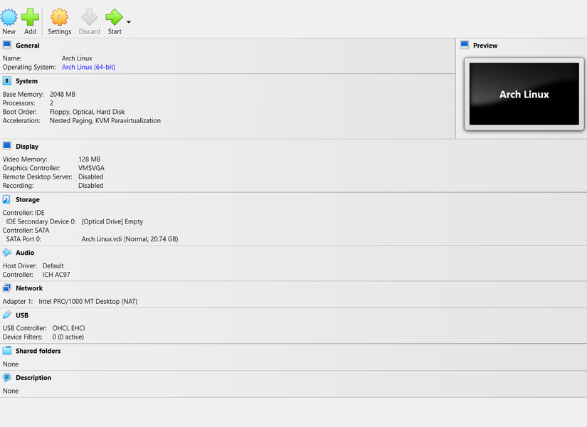 Arch Linux info menu in VirtualBox.