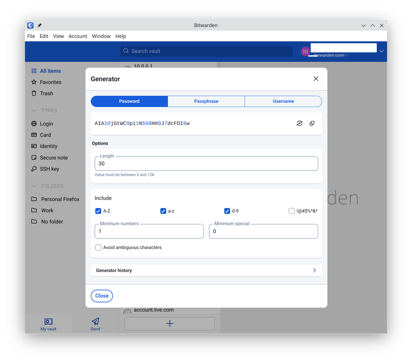 The BitWarden password generator function.