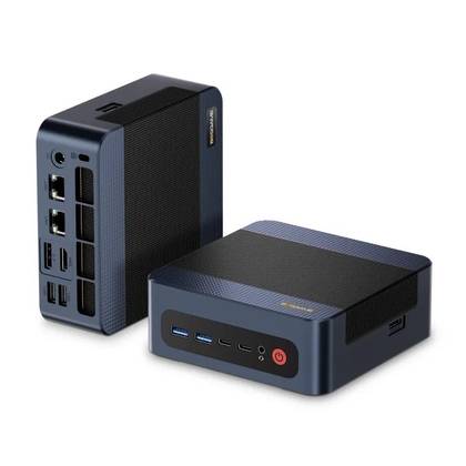 A black BOSGAME M4 Mini PC on a white background.