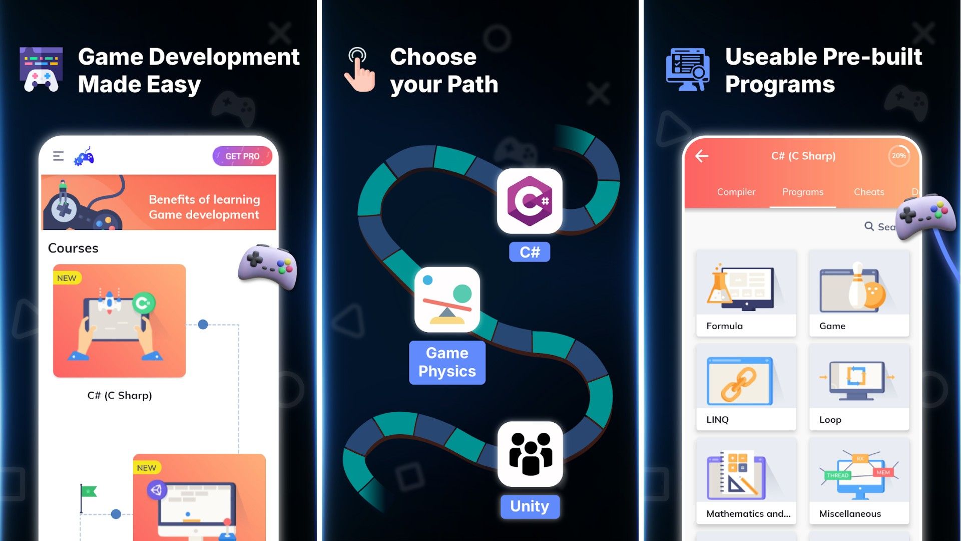Build Your First Game showing how the courses look and what you can learn, like loops, games, and mathematics.
