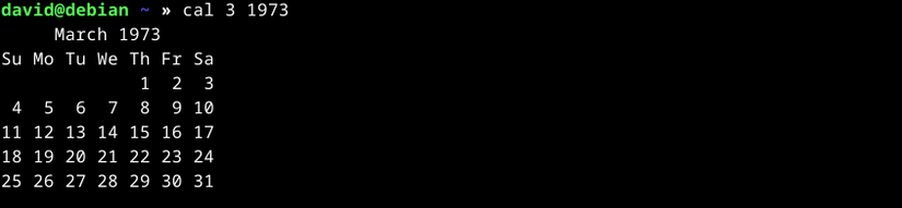 Output of cal command showing a calendar for March 1973.