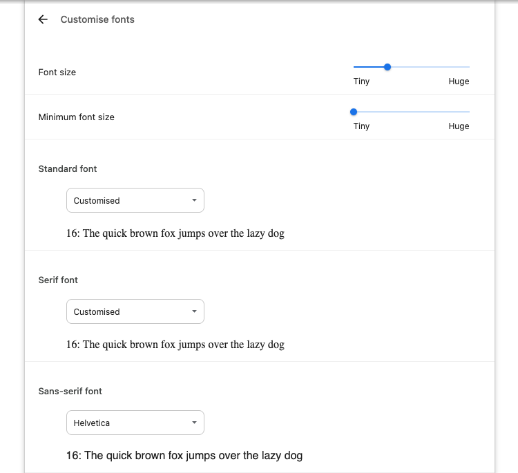 The Chrome browser's customization settings include font size and preferred font families.