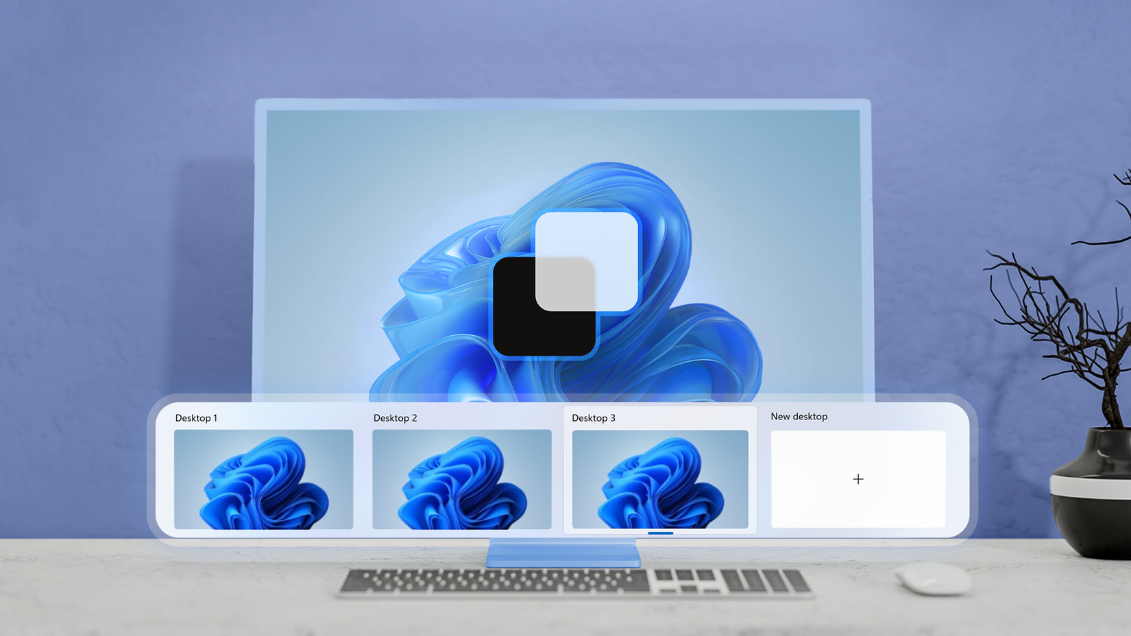 Tela do computador exibindo a interface do Windows 11 com visualizações de vários desktops virtuais.