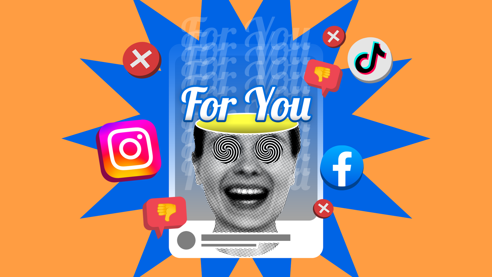 Ilustração conceitual de uma pessoa hipnotizada pela página 'For You' nas mídias sociais e logotipos do Instagram, Tiktok e Facebook em torno da tela, juntamente com os ícones dos polegares.