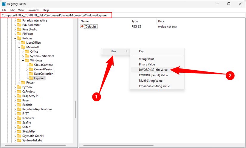 Creating a new DWORD (32-bit) Value. 