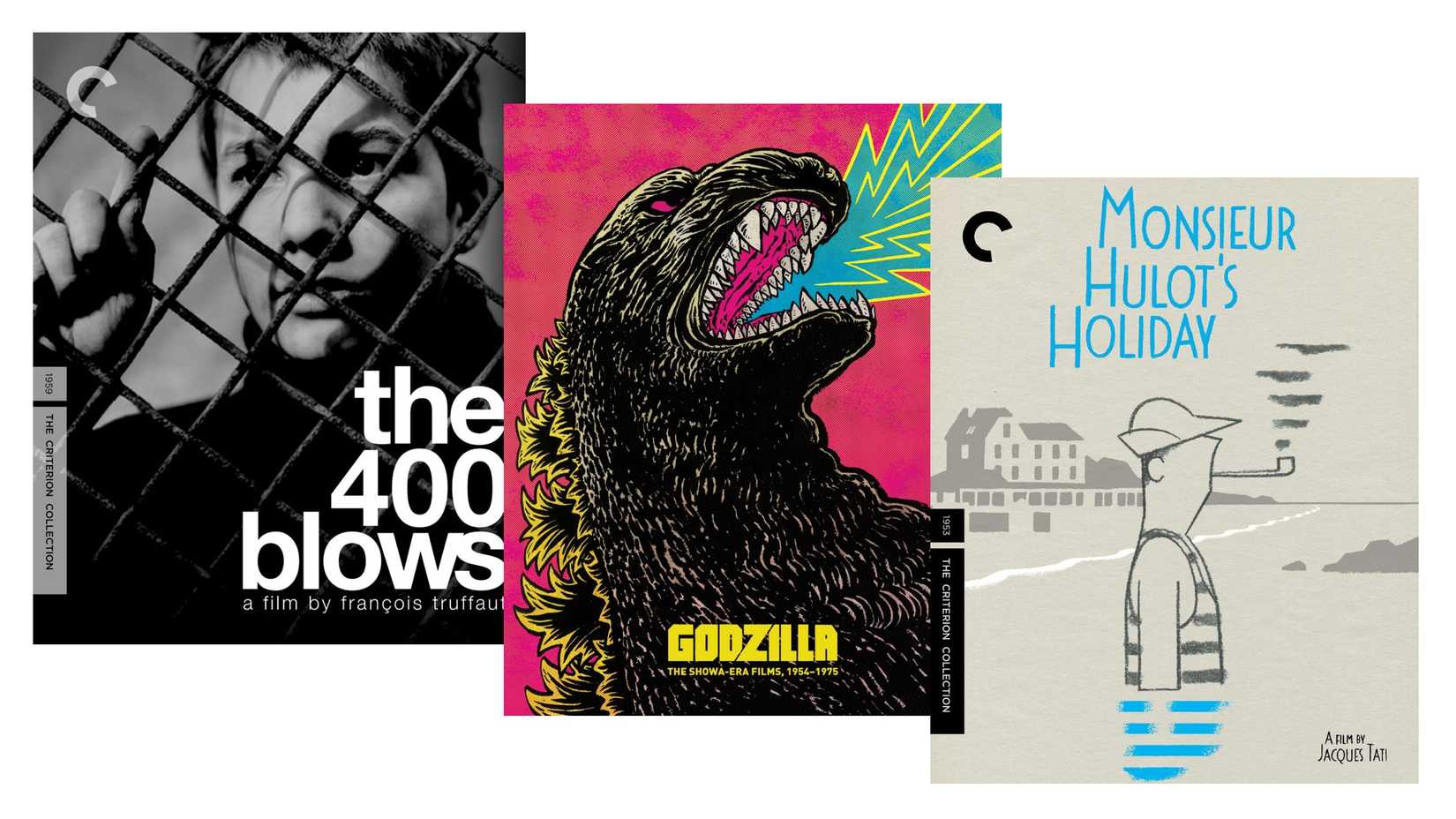 Criterion Collection Blu-ray covers The 400 Blows, Godzilla, and Monsieur Hulot's Holiday.