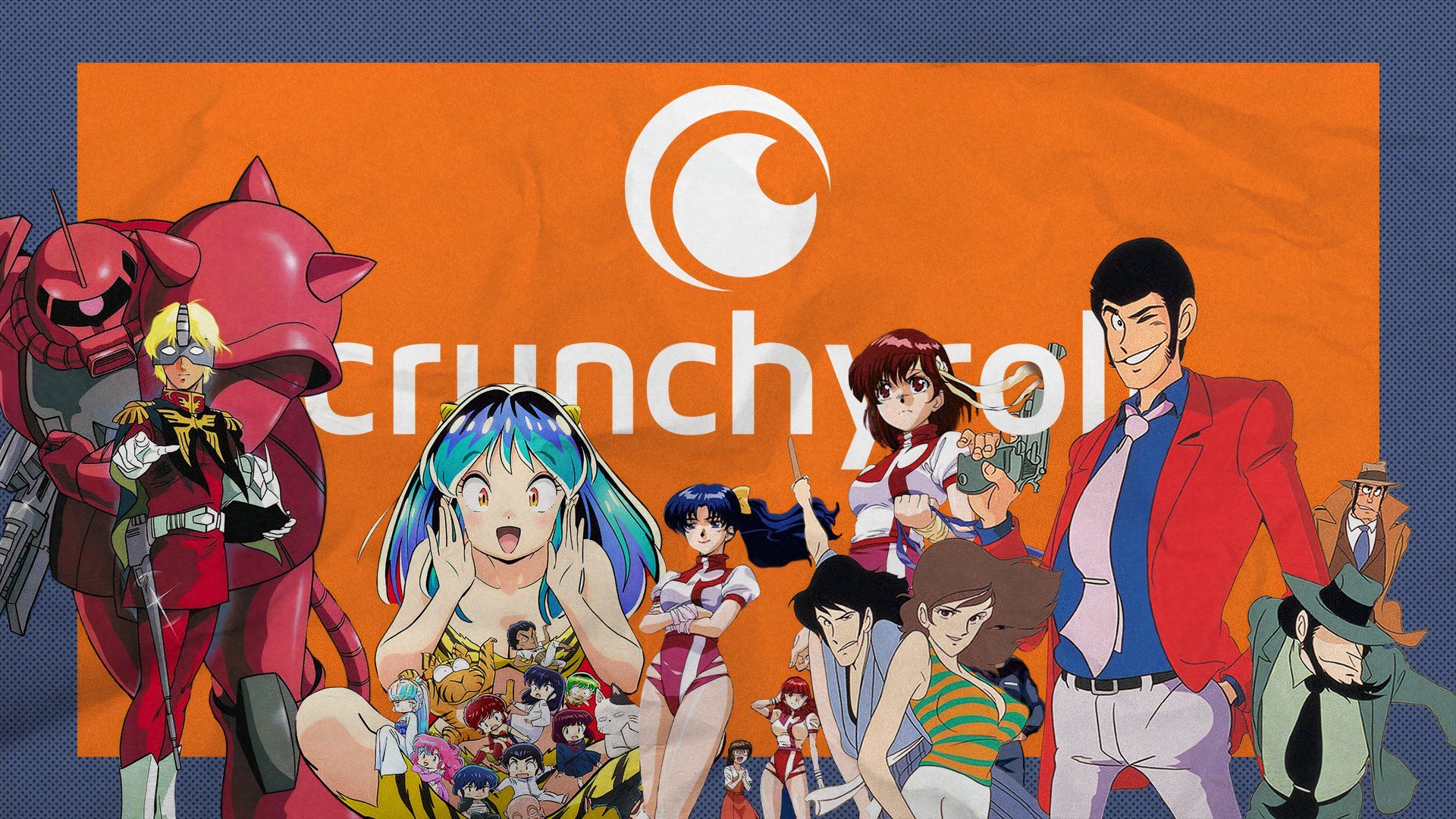 Logotipo da Crunchyroll cercado por personagens de anime retrô.