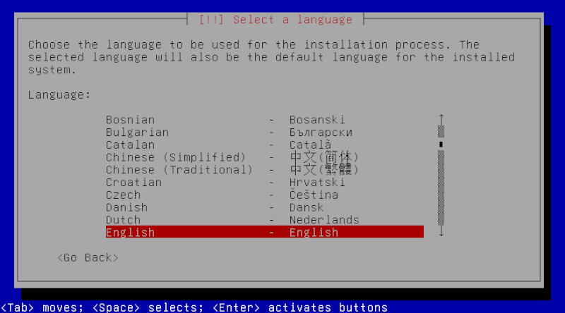Seleção do idioma de instalação do Debian GNU/Hurd.