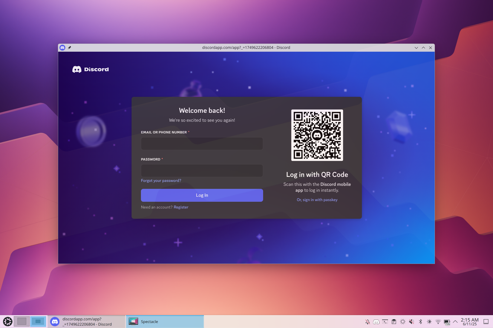 The Discord signin page on Kubuntu.