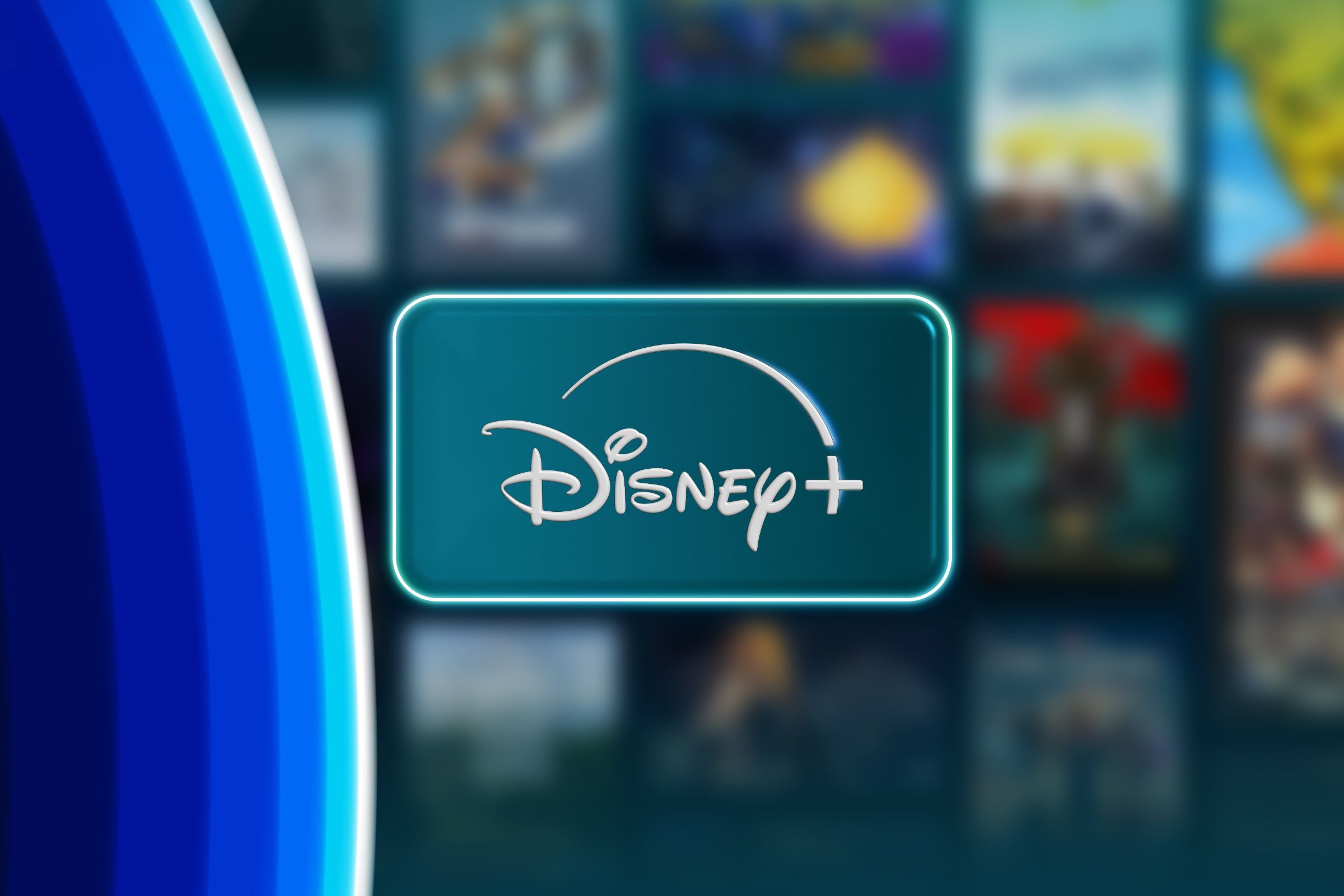 Disney+ logo prominently centered with blurred movie and TV show covers in the background.