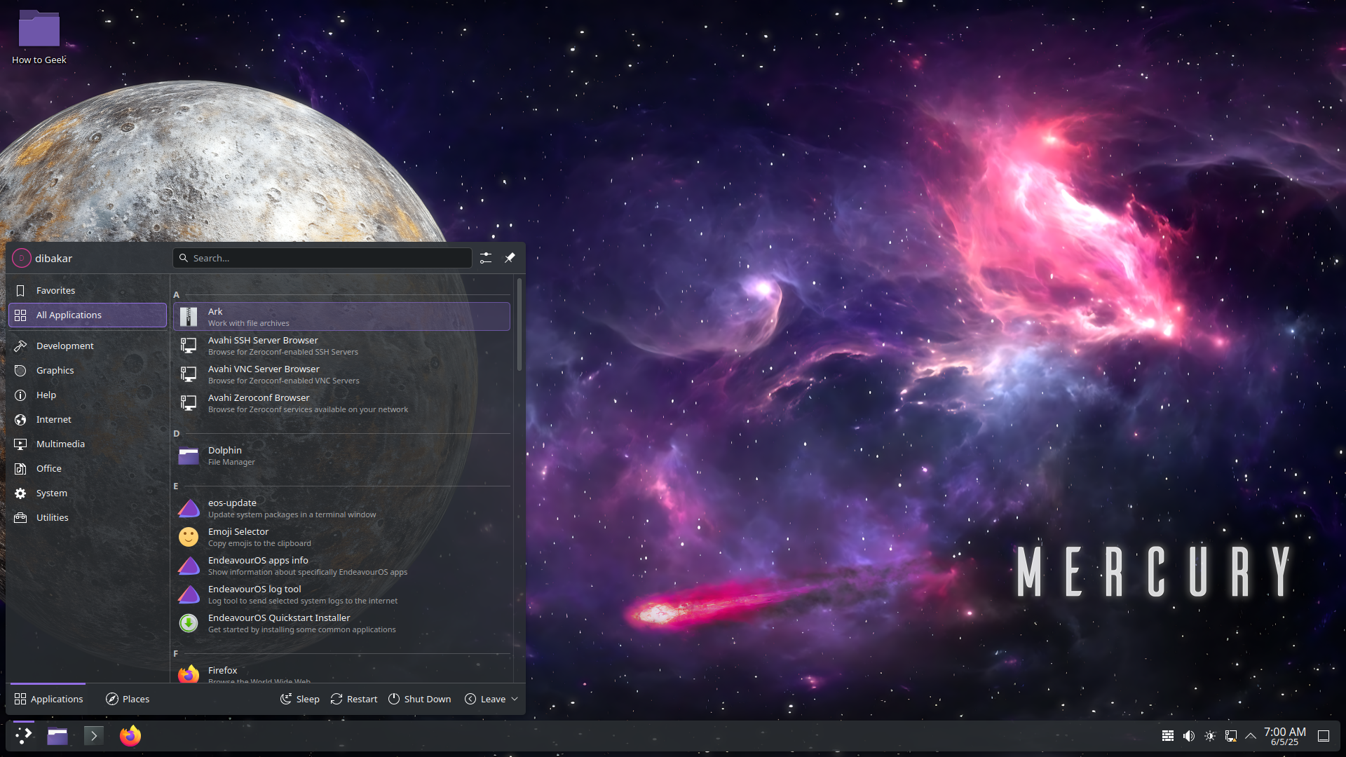 EndeavourOS application menu.