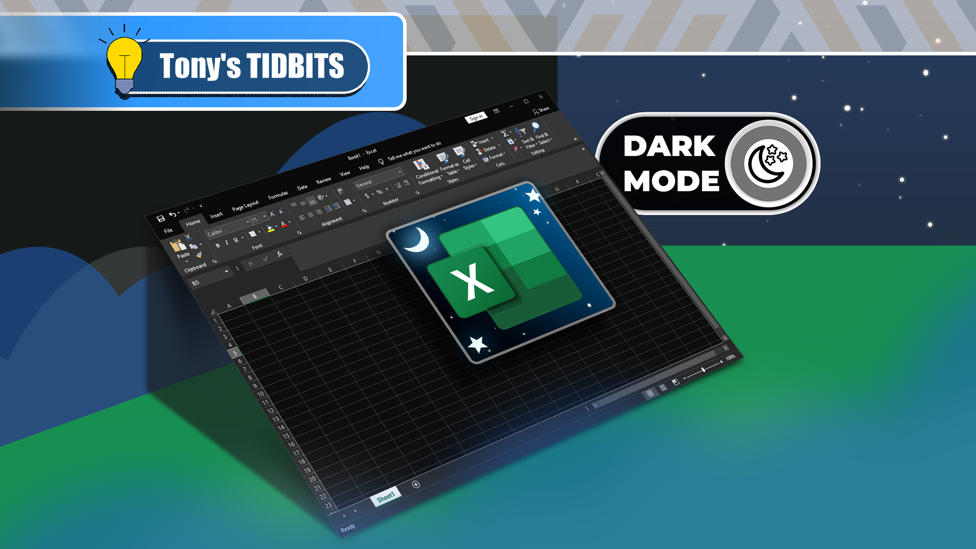 Excel in dark mode with a toggle switch turned on and the Excel logo in the center.