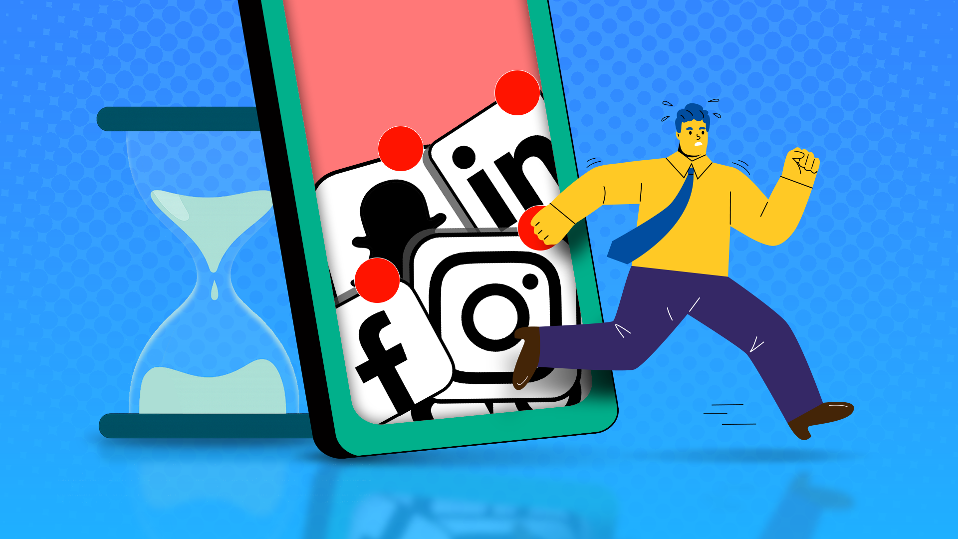 Illustration of a man running away from a smartphone overloaded with social media apps, with an hourglass next to it.