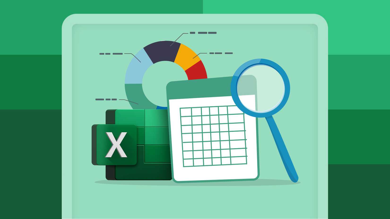Illustration of a spreadsheet with a magnifying glass next to it, a chart in the background, and the Excel logo.