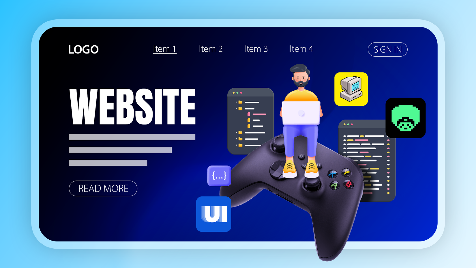 Illustration of a website interface featuring a character sitting on a video game controller, using a laptop, with various programming-related elements around.
