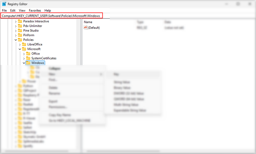 The path to the registry key in the Registry Editor address bar. 