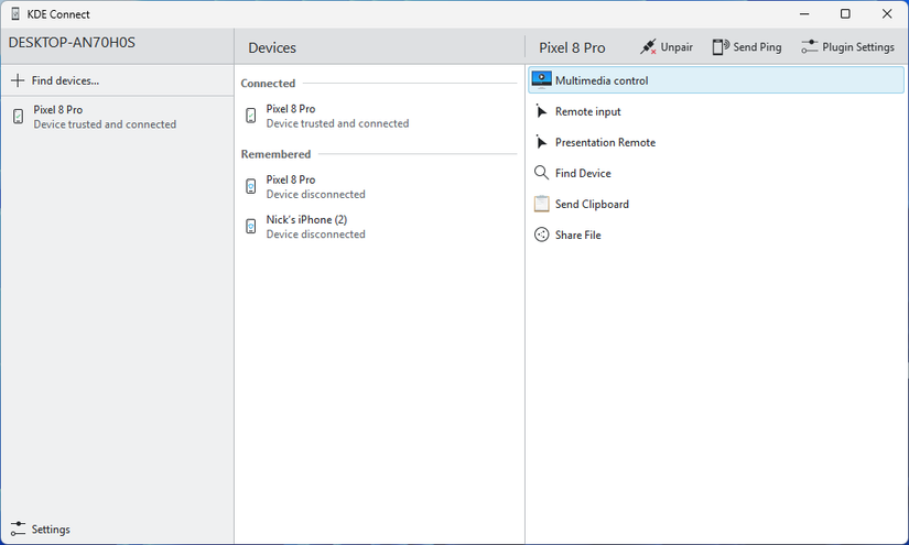 The main KDE Connect Window.