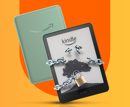 Kindle bound by broken chains and a padlock.