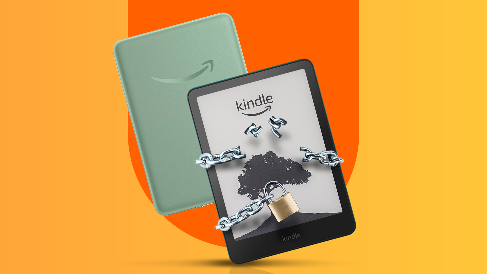 The Kindle is tied with broken chains and a padlock.