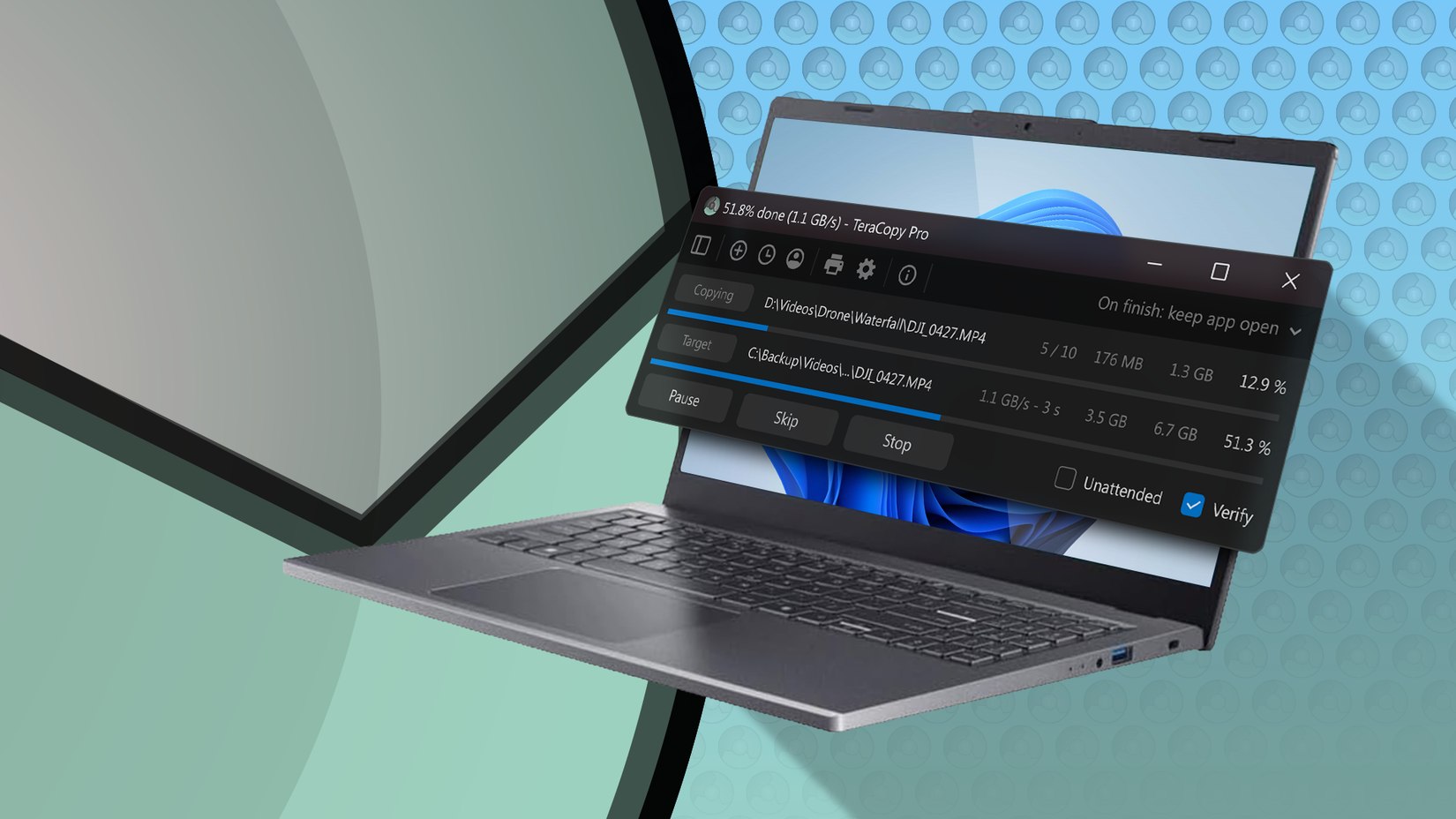 Laptop running Windows 11 displaying the TeraCopy interface during a file transfer.