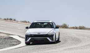Head-on action shot of a 2025 Hyundai Elantra N