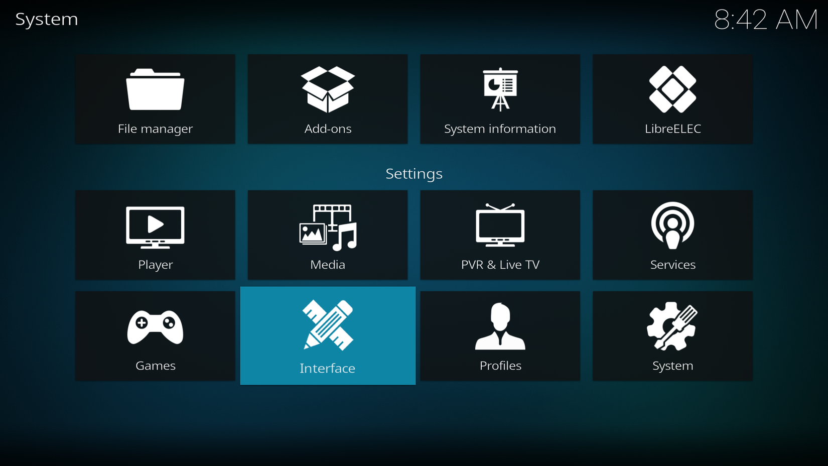 LibreElec の Kodi 設定を示すスクリーンショット。